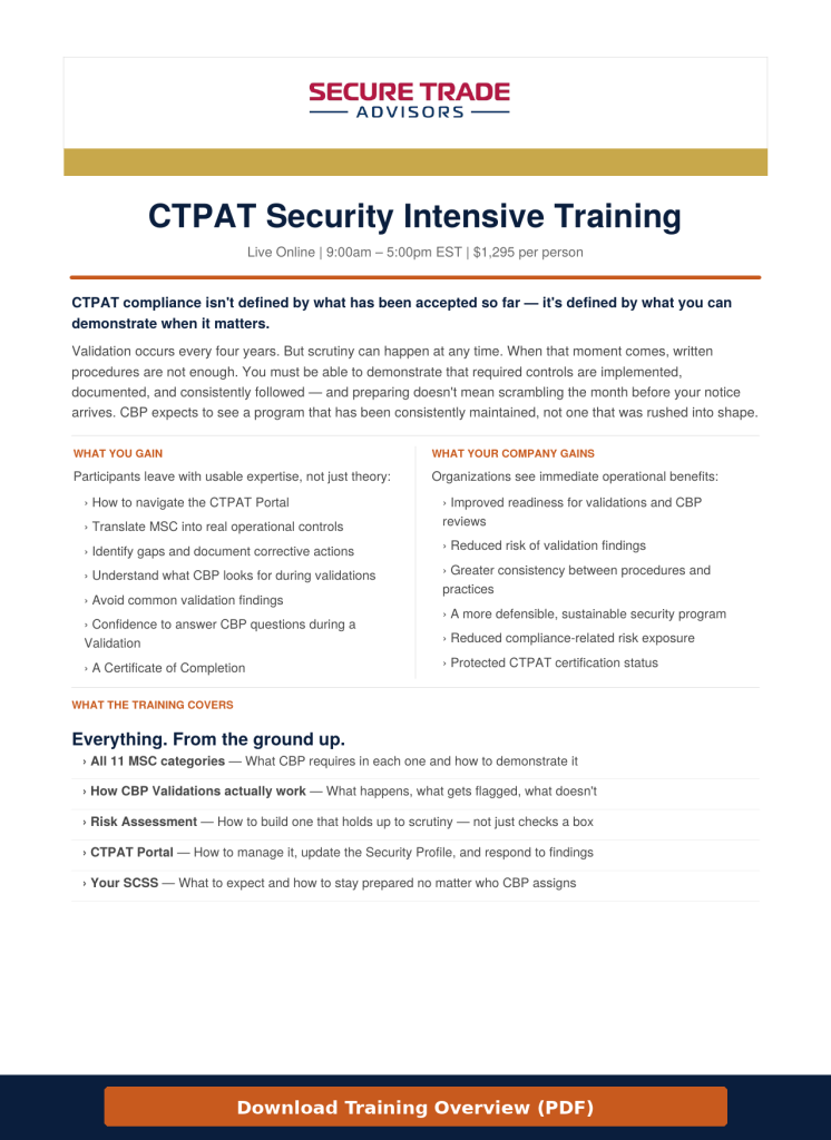 CTPAT Security Intensive Training program overview — click to download PDF
